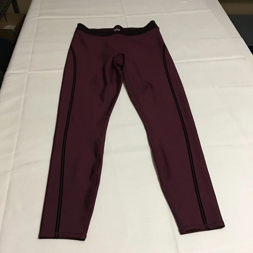 Alo Yoga Leggings Women Medium Burgundy Side Stripe Athletic